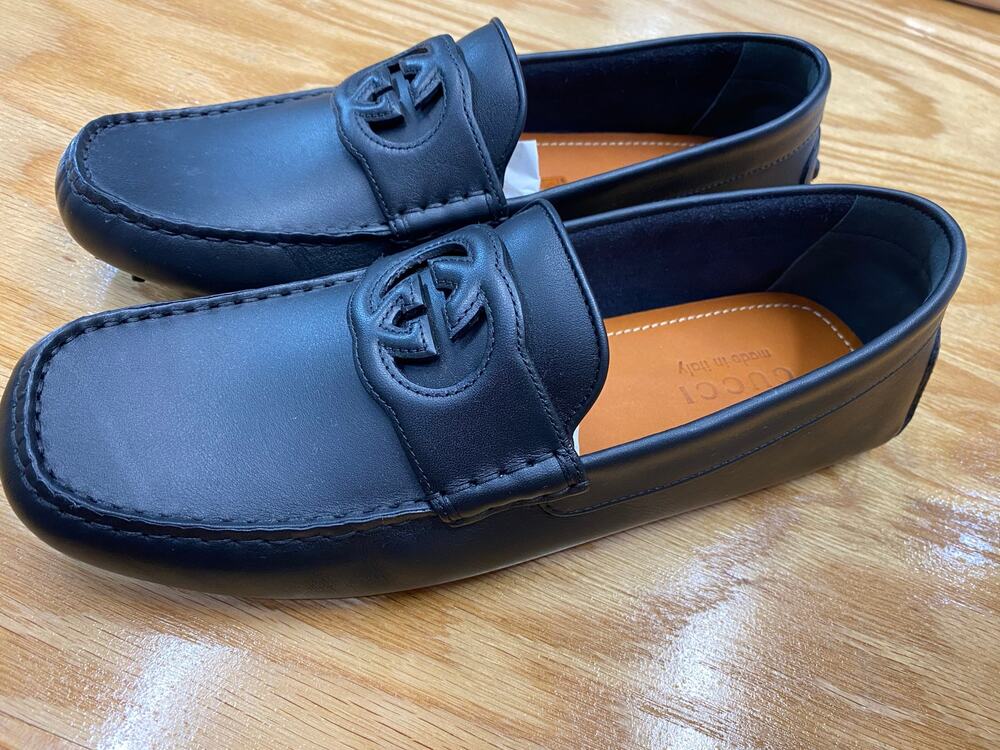 GUCCI INTERLOCKING G LOGO Black Leather Men's DRIVER Loafer Shoes 7.5 (L1)